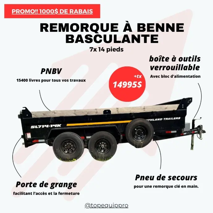Remorque à benne basculante de 7 par 14 pieds