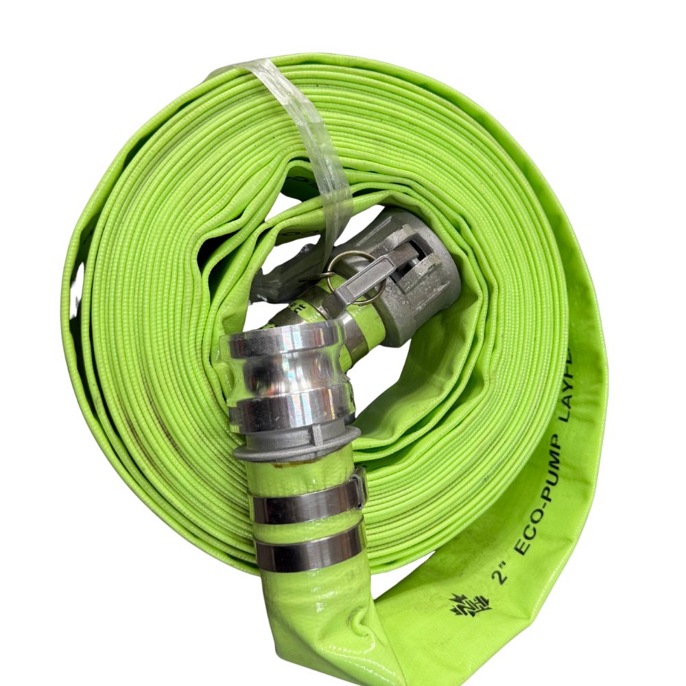 PVC Layflat Discharge Hose 2in x 50ft with Aluminum Camlock Fittings 150 PSI - Green